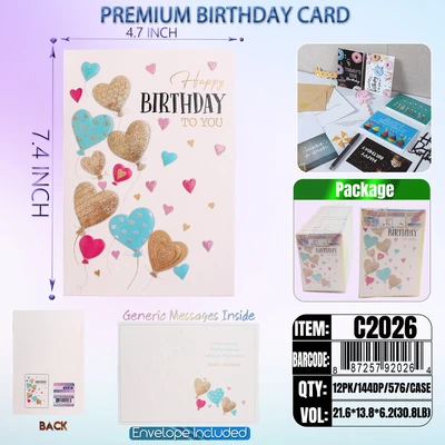 C2026, Birthday Premium Card Generic Messages Inside 12/PVC (144DP), 887257920264
