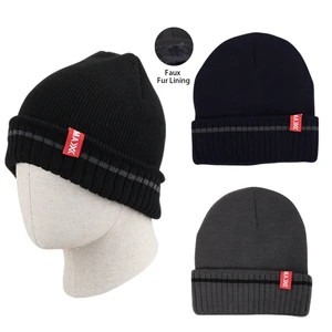 10068, Thermaxxx Winter Knit Hat Men Single Stripe w/ Faux Fur Lining, 191554100688