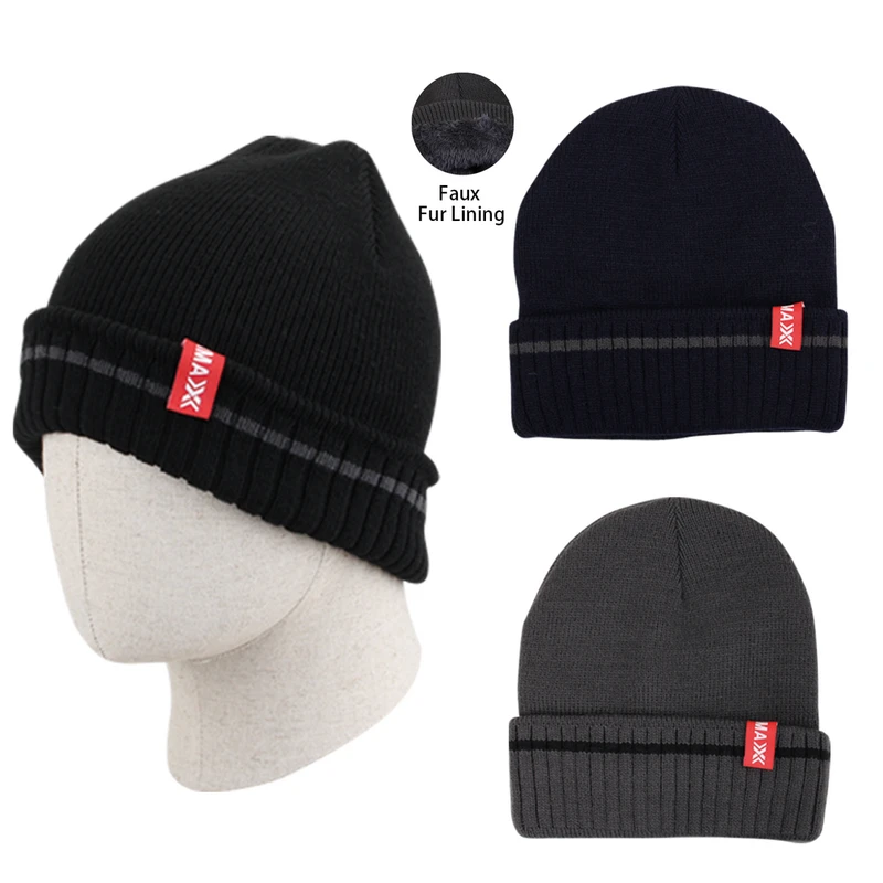 Thermaxxx Winter Knit Hat Men Single Stripe w/ Faux Fur Lining