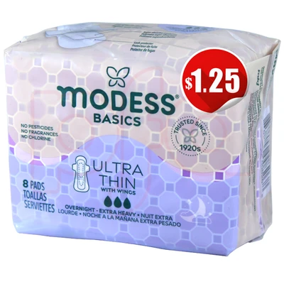 M69826, Modess Ultra Thin Pads 8CT Overnight (pre-priced $1.25), 855424008268