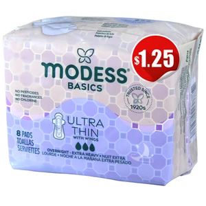 M69826, Modess Ultra Thin Pads 8CT Overnight (pre-priced $1.25), 855424008268