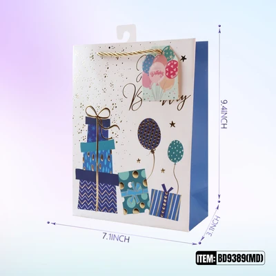 BD9389-MD, Birthday Gift Bags MD.Assorted x4 Styles 7.1"x3.1"x9.4", 887257130687