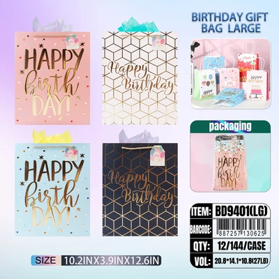 BD9401-LG, Birthday Gift Bags LG.Assorted x4  Styles 10.2"x3.9"x12.6", 887257130625