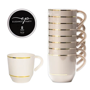 36350, Elegance Party 8PK 12.5oz Tea Cup Linen+Gold, 191554363502