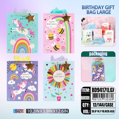 BD9417-LG, Birthday Gift Bags LG x4 Assted. 10.2"x3.9"x12.6", 887257130380