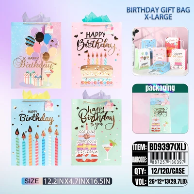 BD9397-XL, Birthday Gift Bags XL x4 Assted. 11.8"x4.7"x16.5", 887257130397
