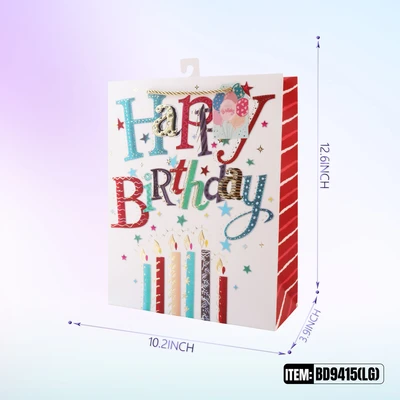 BD9415-LG, Birthday Gift Bags LG x4 Assted. 10.2"x3.9"x12.6", 887257130342