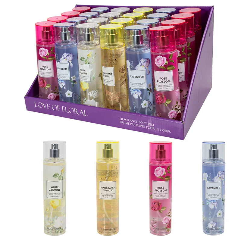 Women's Body Mist Display 8 oz/ 236 ml Love Of Fruits, 4 Scents Lavender/Macadamia Vanilla/Rose Blossom/White Jasmine - United Scents