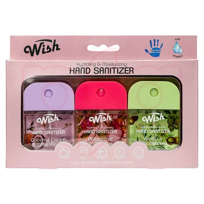 60420, Wish Travel Size (Set of 3 Scents,Each 1.2 FL. OZ) Power Mist Hydrating Hand Sanitizer Spray Portable Sanitizer Spray, 2 fragrance variants.Coconut Dragonfruit Vanilla/Violet Sweet Plum, 191554604209