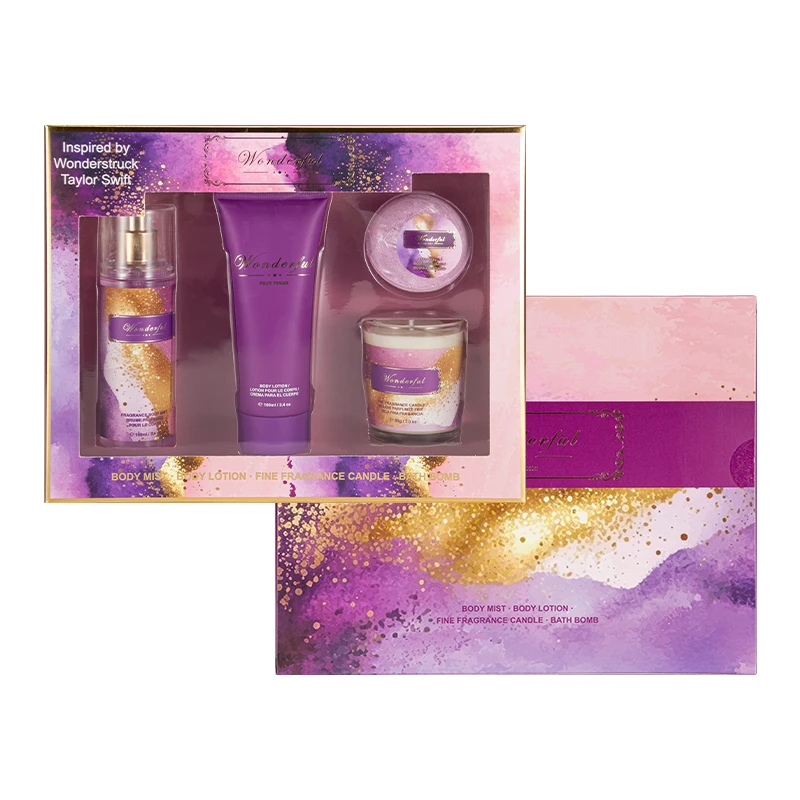 Women's 4pcs Gift Set WONDERFUL 3.4fl.oz Body Mist 3.4fl.oz Body Lotion 3oz Candle 2oz Bath Bomb