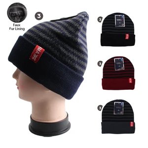 10003, Thermaxxx Winter Knit Hat Men Stripes Dark w/ Faux Fur Lining, 191554100039