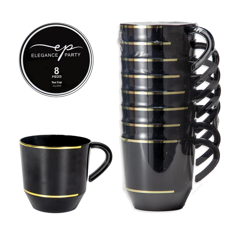 Elegance Party 8PK 12.5oz Tea Cup Black+Gold