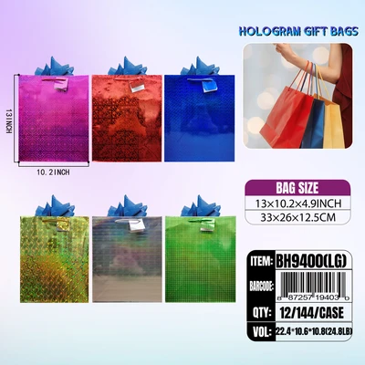 BH9400-LG, Holohgram Gift Bags LG Asstd.x6 Color 13"x10.2"x4.9", 887257194030