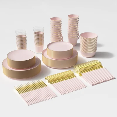 OL36454, 220PK 豪华餐具套装粉色+金边