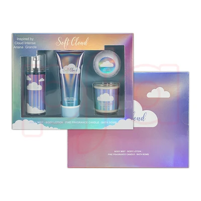 89474, Women's 4pcsSet SOFT CLOUDS 3.4fl.oz Body Mist 3.4fl.oz Body Lotion 3oz Candle 2oz Bath Bomb, 191554894747