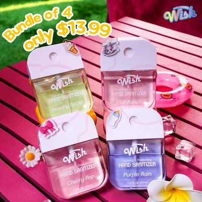 60350, 1.2 oz Hand Sanitizer Spray With Bag,  (4 Scent) Purple Rain/Peachy Nectar/Fruit Punch/Cherry Pop — Wish, 191554603509