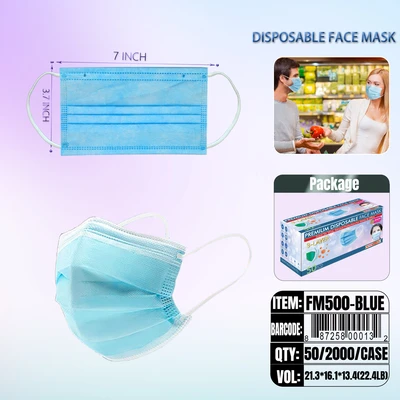 FM500-BLUE, Blue Disposable Face Mask 50/Box, 887258000132