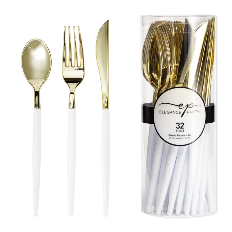 Elegance Party 32PK Cutlery White+Gold