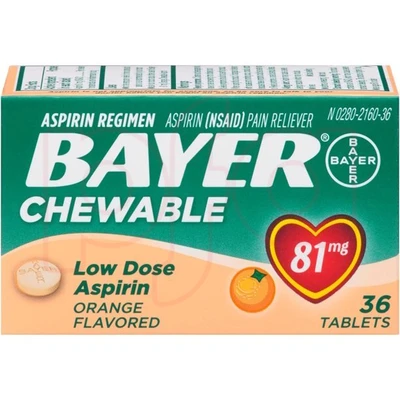 BYC36O, Bayer Aspirin Chewable Tablets Orange Flavored 36ct, 31284313105