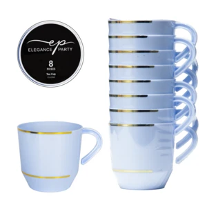 36302, Elegance Party 8PK 12.5oz Tea Cup Ice Blue+Gold, 191554363021
