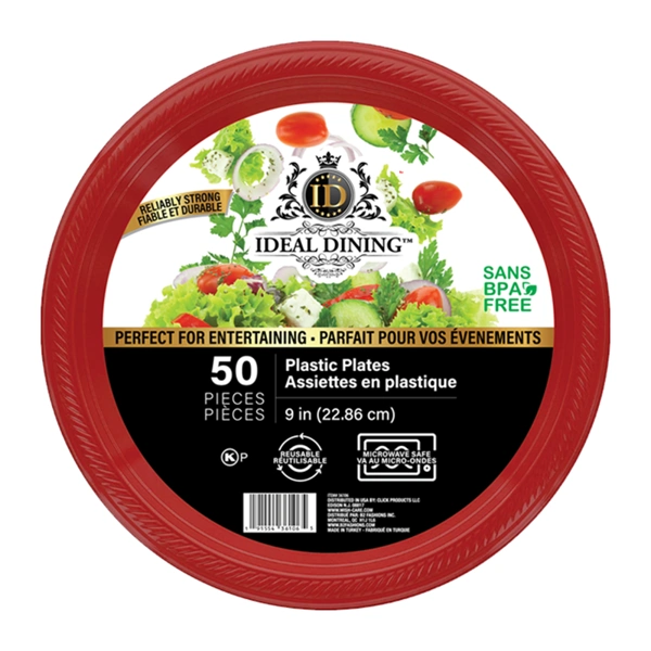 36106, Ideal Dining Plastic Plate 9in Red 50CT, 191554361065