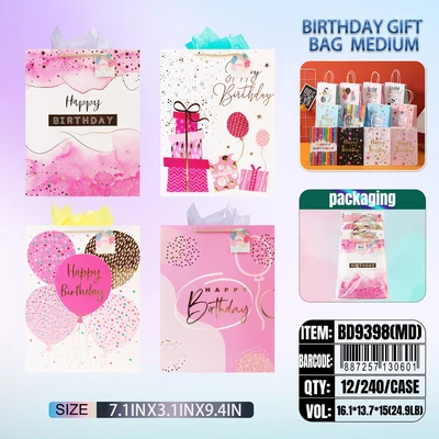 BD9398-MD, Birthday Gift Bags MD.Assorted x4 Styles  7"x3.1"x9.4", 887257130601