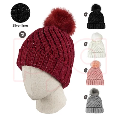 10136, Cindy Claire Ladies Pom Pom Hat w/ Fur lining Twist Knit, 191554101364