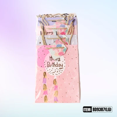 BD9387-LG, Birthday Gift Bags LG.Assorted x4 Styles 10.2"x3.9"x12.6", 887257130649