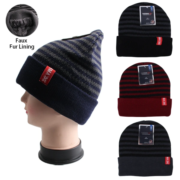 10003, Thermaxxx Winter Knit Hat Men Stripes Dark w/ Faux Fur Lining, 191554100039