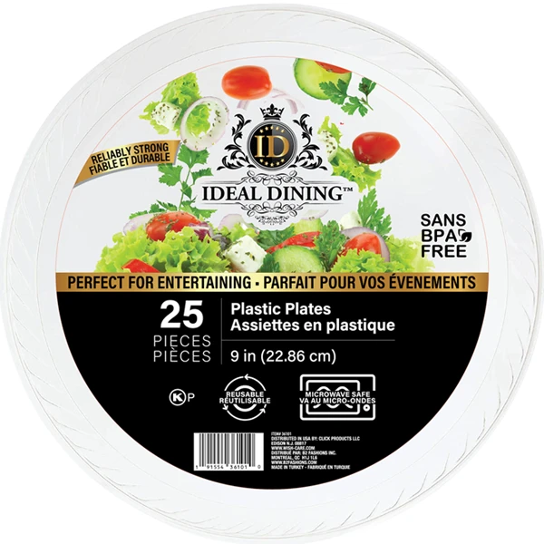 36101, Ideal Dining Plastic Plate 9in White 25CT, 191554361010