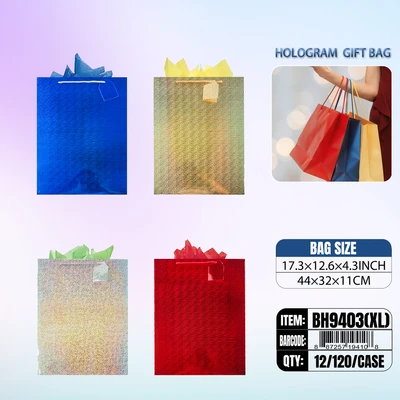 BH9403-XL, Holohgram Gift Bags XL Asstd.x4 Color 17.3"x12.6"x4.3", 887257194108