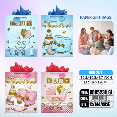 BB9523-LG, Baby Gift Bags LG.Assorted x4 12.5"x10.2"x3.9", 887257195563