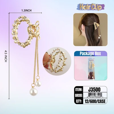 J3500, Hair Clip 2″ Inch with Pearl, 887257835001