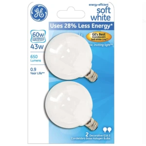 GE90691, GE Incandescent 60W Globe Bulb 2PK Soft White, 43168906913