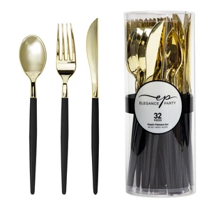 36275, Elegance Party 32PK Cutlery Black+Gold, 191554362758