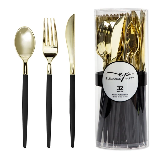 36275, Elegance Party 32PK Cutlery Black+Gold, 191554362758