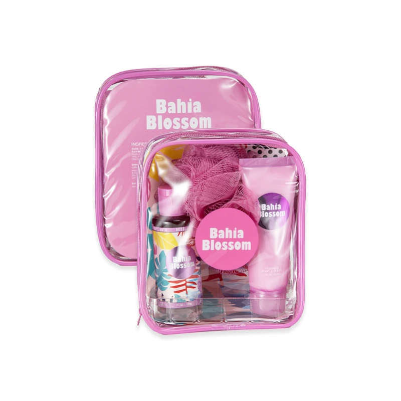 SOLO EN IBIZA Women's 3pcs Bag Set BAHIA BLOSSOM 2.ozBubbleBath 1.7ozBodyLotion Exfoliating Sponge