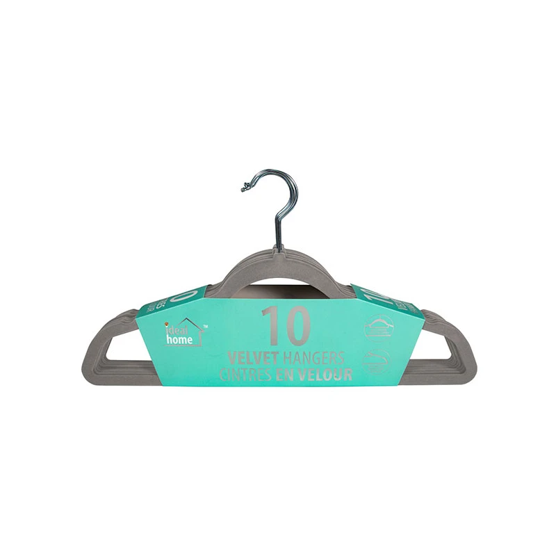 Ideal Home Velvet Hanger 10PK Grey Chrome Hook