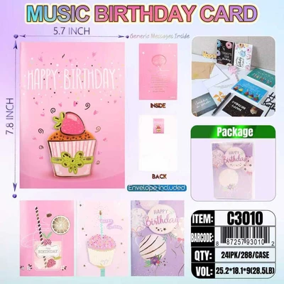 C3010, Birthday Greating Music Card 4x Assorted, 887257930102