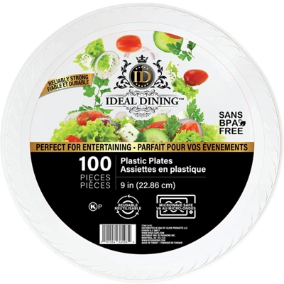 36103, Ideal Dining Plastic Plate 9in White 100CT, 191554361034