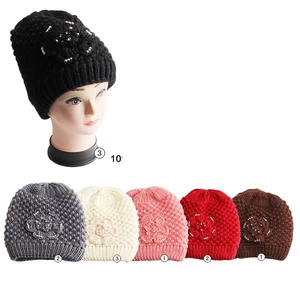 10101, Thermaxxx Winter Knit Hat Ladies Stone Flower w/ Faux Fur Lining, 191554101012