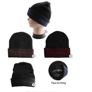 10007-T, Thermaxxx Winter Knit Hat Men Stripe Cuff w/ Faux Fur Lining, 191554100077