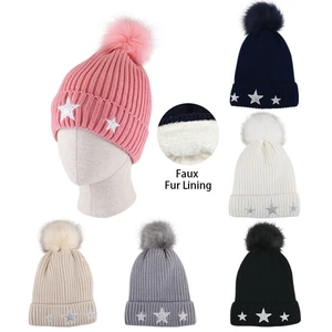 10142, Thermaxxx Ladies Pom Pom Hat w/ Fur lining Stars, 191554101425