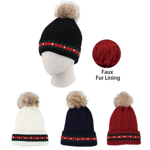 10140, Thermaxxx Ladies Pom Pom Hat w/ Fur lining & Stones, 191554101401