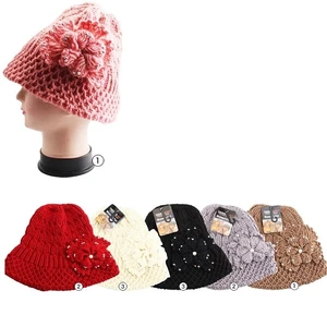 10100, Thermaxxx Winter Knit Bucket Hat Ladies w/ Stone Flower, 191554101005